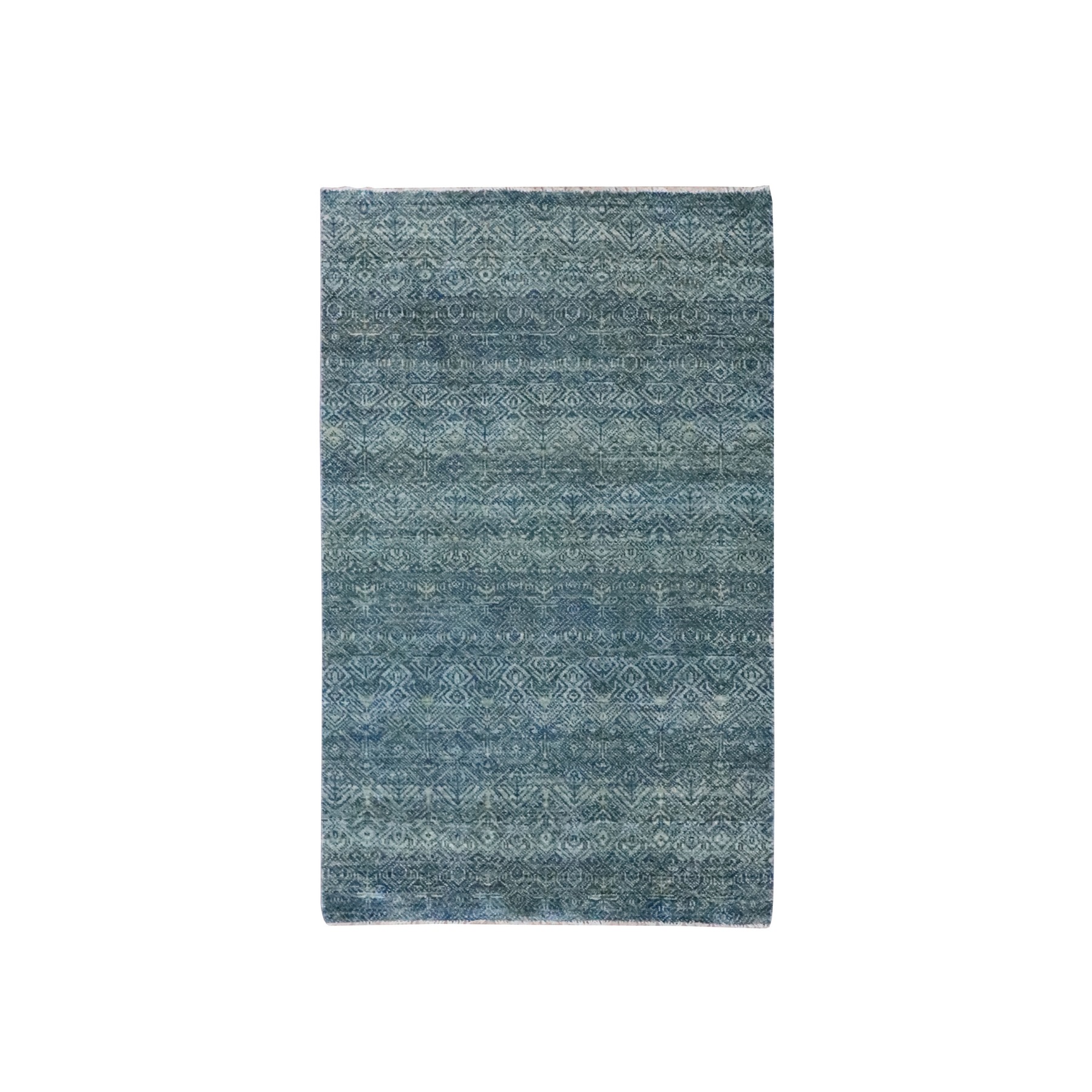 3'1"x5' Ocean Blue, Kohinoor Herat Pattern, Small Geometric Repetitive Diamond Design, Soft Wool, Tone on Tone, Hand Knotted, Oriental Rug 